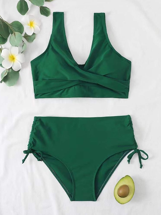 Women's Swimwear Bikini 2 Piece Normal Swimsuit Open Back High Waisted Pure Color Green Black Fuchsia Red Tank Top V Wire Bathing Suits Sexy Vacation Fashion / Modern / New