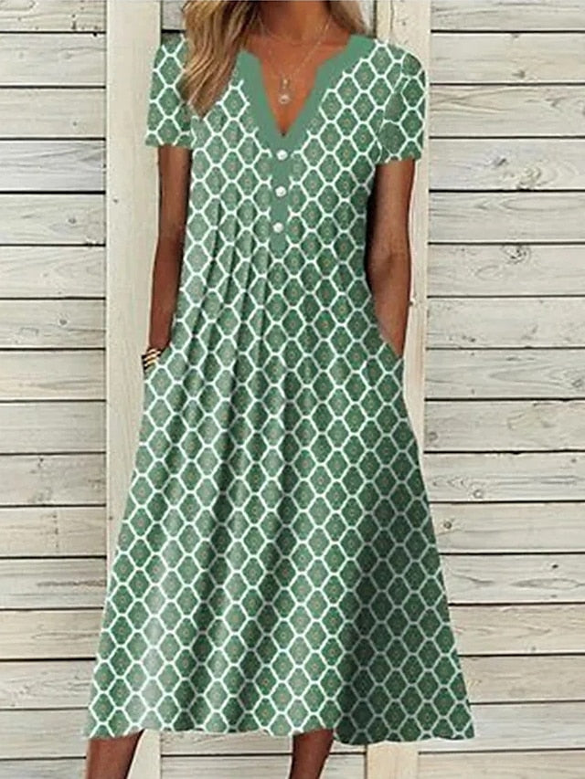 Women's Casual Dress Shift Dress Midi Dress Green Short Sleeve Geometric Ruched Fall Spring Summer V Neck Basic Daily Vacation Summer Dress Loose Fit Print Dresses