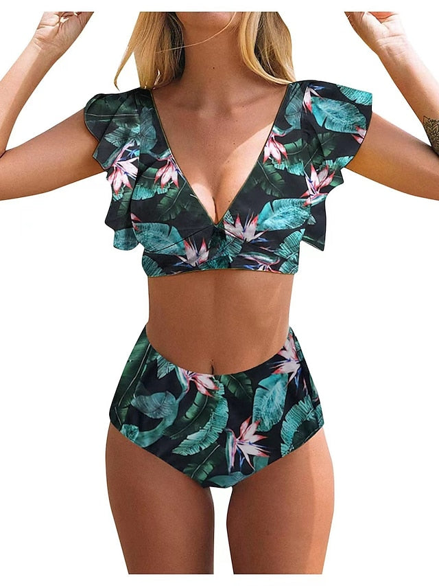 Women's Swimwear Bikini Normal Swimsuit Ruffle 2 Piece Printing Floral Black White Red Green Bathing Suits Sports Beach Wear Summer