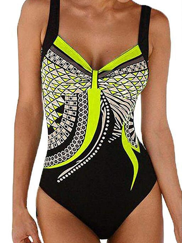 Women's Swimwear One Piece Monokini Bathing Suits Plus Size Swimsuit Backless Tummy Control for Big Busts Floral Abstract Wine Green White Blue Purple Plunge Bathing Suits New Basic St. Patrick's Day