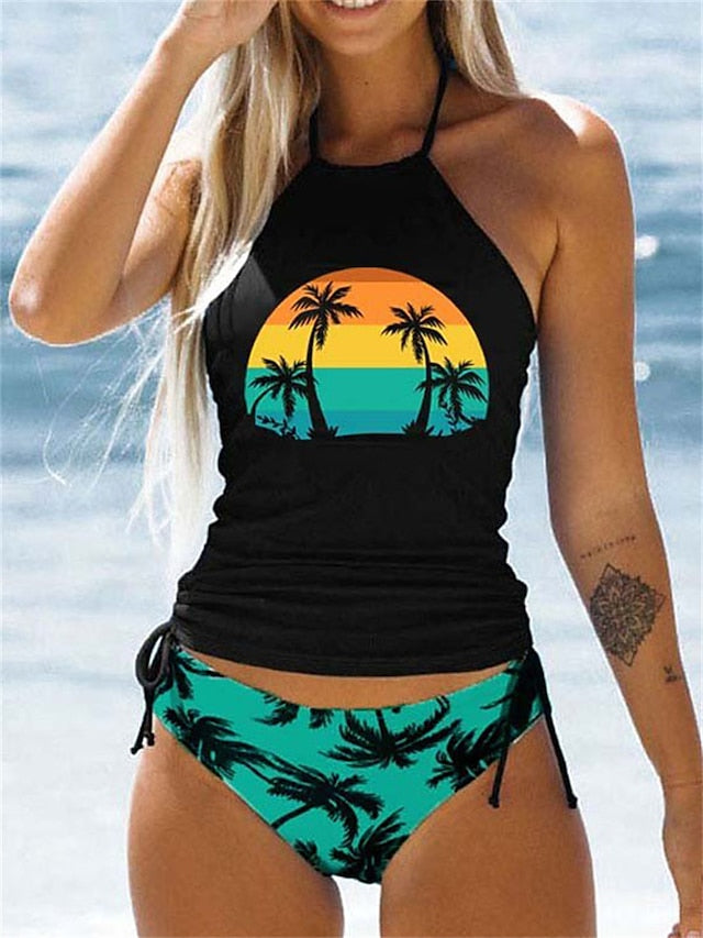 Women's Swimwear Tankini 2 Piece Plus Size Swimsuit Backless Ruched Print Palm Tree Sunset Green Black Yellow Light Green Orange Bathing Suits New Sporty Casual / Vacation / Modern / Letter