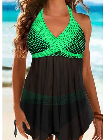 Women's Swimwear Swimdresses Plus Size Swimsuit 2 Piece Printing Polka Dot Blue Purple Orange Green Bathing Suits Sports Beach Wear Summer