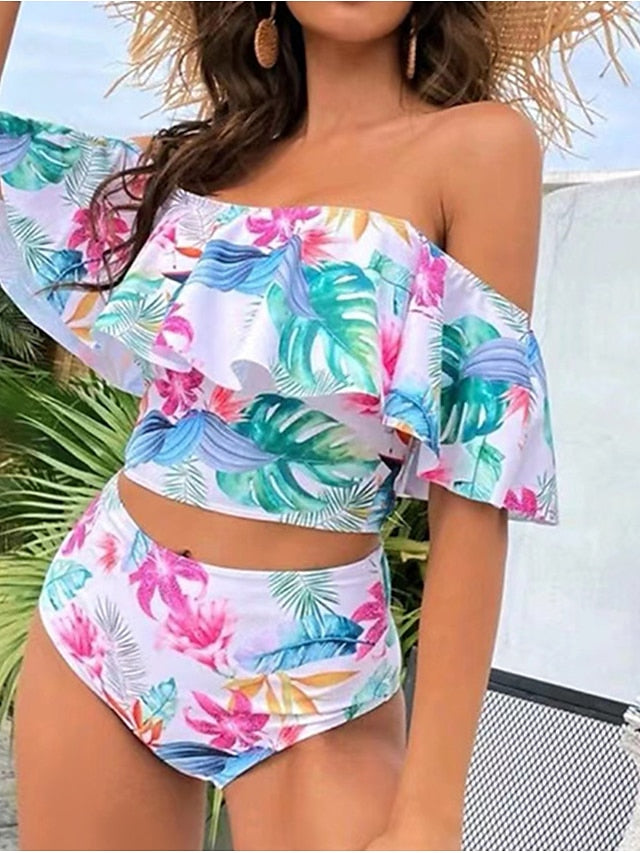 Women's Swimwear Tankini 2 Piece Normal Swimsuit Ruffle 2 Piece Printing Floral Green Off Shoulder Bathing Suits Sports Beach Wear Summer