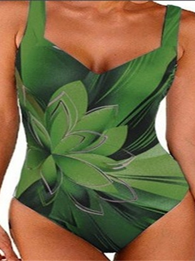 Women's Swimwear One Piece Normal Swimsuit Water Sports Tummy Control Open Back Print Striped Flower Blue Green V Wire Bathing Suits New Vacation Holiday