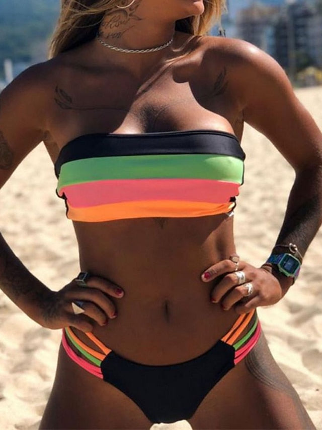 Women's Swimwear Bikini 2 Piece Normal Swimsuit 2 Piece Open Back Bandeau Hole Striped Color Block Green White Black Blue Yellow Bandeau Tube Top Padded Strapless Bathing Suits New Vacation Sexy