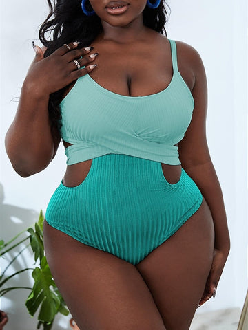 Women's Swimwear One Piece Plus Size Swimsuit Cut Out Plain Green Beige Bodysuit Bathing Suits Sports Summer
