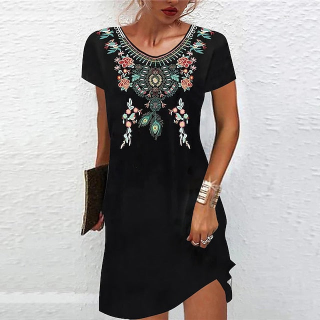 Women's Casual Dress Ethnic Dress Shift Dress Mini Dress Black White Light Green Short Sleeve Floral Print Spring Summer Crew Neck Basic Daily Vacation Loose Fit