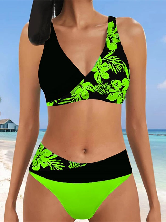 Women's Swimwear Bikini Normal Swimsuit 2 Piece Printing Floral White Yellow Light Green Red Blue Bathing Suits Sports Beach Wear Summer