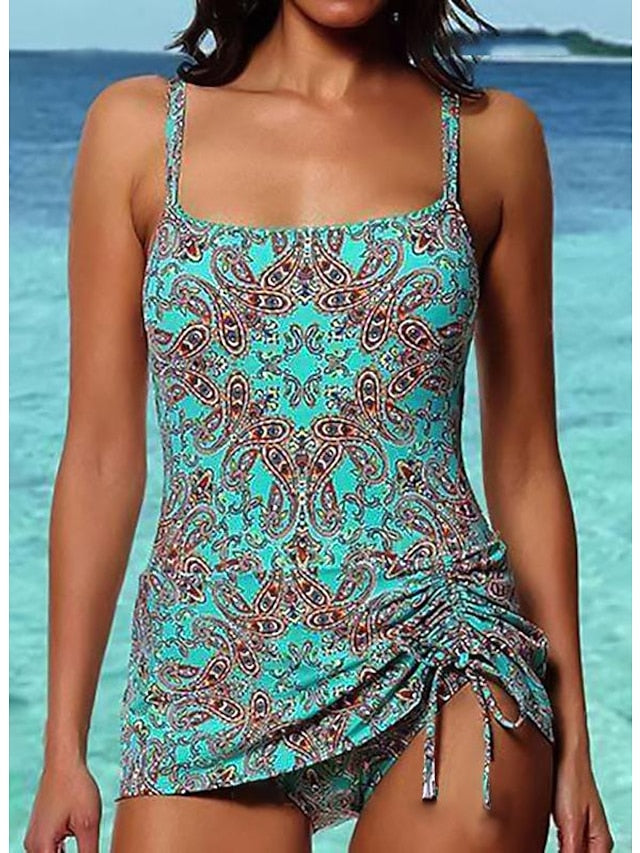 Women's Swimwear Tankini 2 Piece Normal Swimsuit Ruched 2 Piece Printing Paisley Blue Green Rainbow Tank Top Bathing Suits Sports Beach Wear Summer