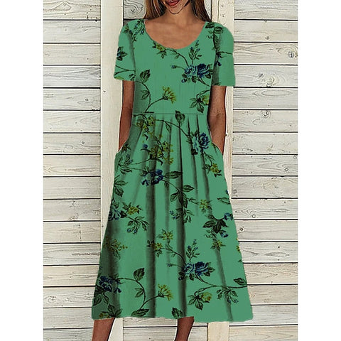 Women's Casual Dress Midi Dress White Blue Green Short Sleeve Floral Ruched Summer Spring Crew Neck Basic Loose Fit Print Dresses