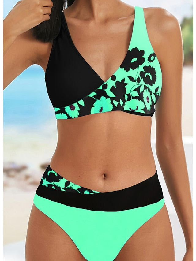 Women's Swimwear Bikini 2 Piece Normal Swimsuit High Waisted Color Block Floral Print Green Blue Yellow Rosy Pink Royal Blue Padded V Wire Bathing Suits Sports Vacation Sexy / New