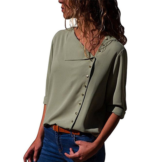 Chiffon Long Sleeve Skew Collar Solid Office Women Blouses And Tops - Sheseelady