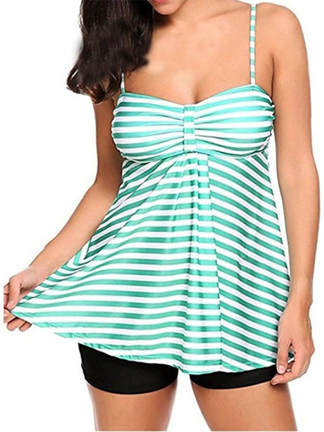 Women's Swimwear Tankini 2 Piece Plus Size Swimsuit Open Back for Big Busts Print Striped Dot Green Black Blue Camisole Strap Bathing Suits New Vacation Fashion / Modern / Padded Bras