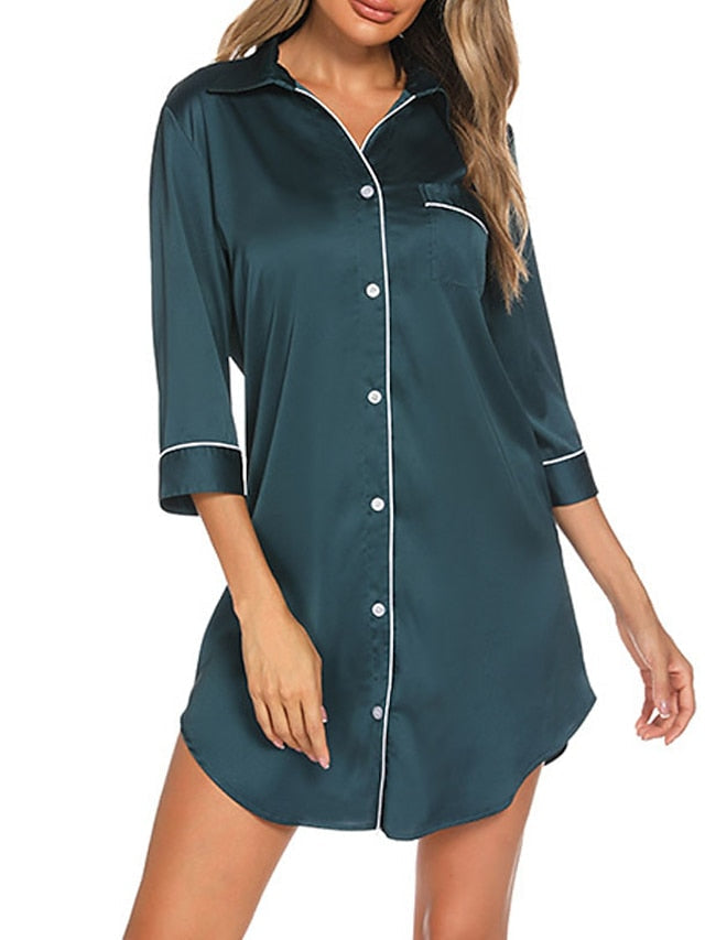 Women's Pajamas Nightgown Nighty Pjs Pure Color Comfort Home Satin Lapel Button Pocket Fall Spring Green Blue, Silk