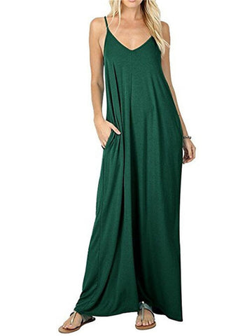 Women's Pajamas Nightgown Dress Nighty Pure Color Comfort Home Cotton Blend Straps Sleeveless Backless Pocket Spring Summer Green Blue