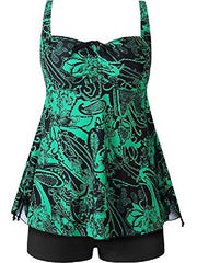 Women's Swimwear Tankini 2 Piece Plus Size Swimsuit Water Sports for Big Busts Floral Print Green Black Blue Bathing Suits New Sportswear / Padded Bras