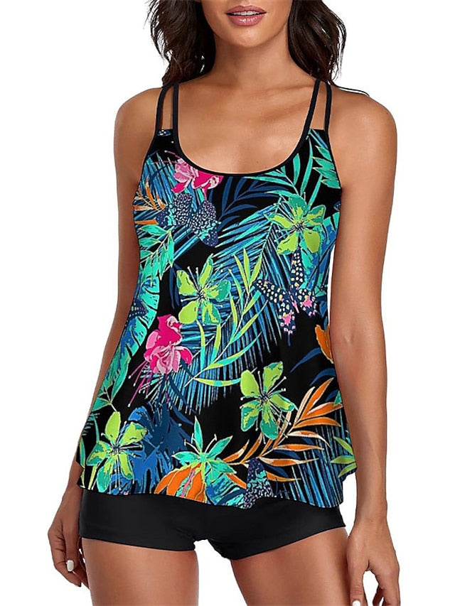 Women's Swimwear Tankini 2 Piece Normal Swimsuit 2 Piece Open Back Printing Floral Polka Dot Green White Black Blue Purple Padded Scoop Neck Bathing Suits New Vacation Holiday / Modern / Leaf / Strap