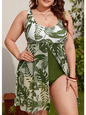 Women's Swimwear Swim Dress Plus Size Swimsuit 2 Piece Floral White Green High Neck Bathing Suits Sports Summer