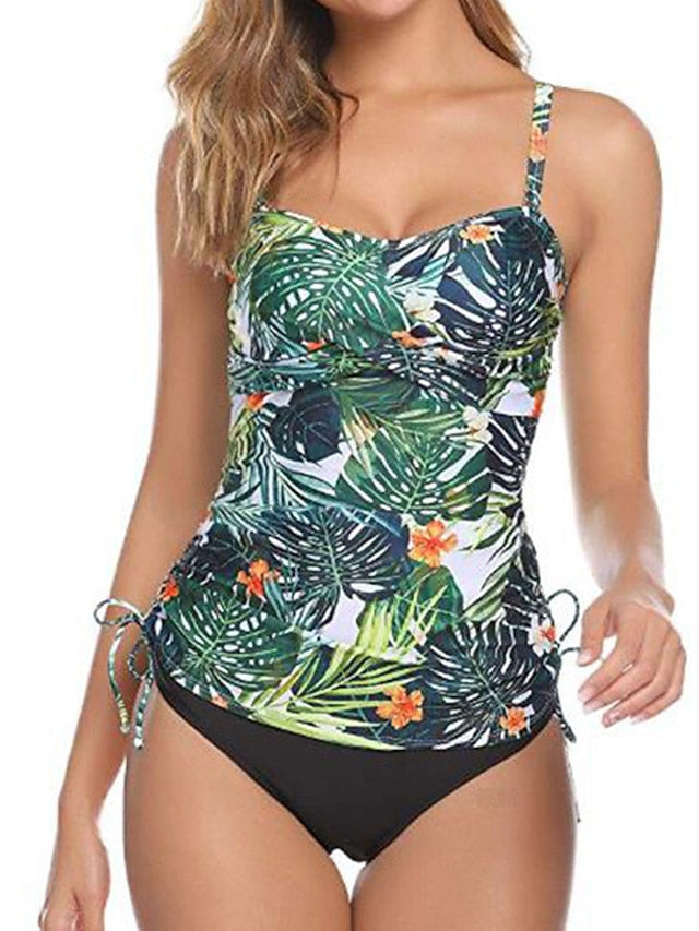 Women's Swimwear 2 Piece Plus Size Swimsuit Tummy Control Open Back Printing for Big Busts Leaves Green Camisole Strap Bathing Suits New Vacation Fashion
