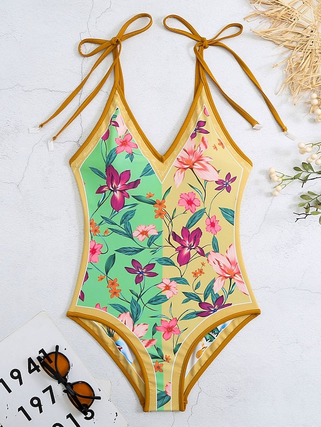 Women's Swimwear One Piece Normal Swimsuit Printing Floral Black Yellow Pink Navy Blue Sky Blue Bodysuit Bathing Suits Sports Beach Wear Summer