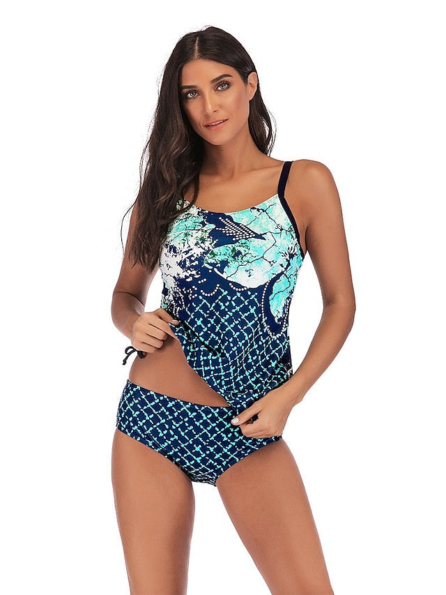 Women's Swimwear Tankini 2 Piece Plus Size Swimsuit Modest Swimwear Trangle Open Back for Big Busts Print Floral Leaf Green Blue Purple Red Camisole Padded Scoop Neck Bathing Suits New Casual Vacation