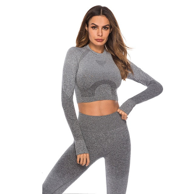 Fashion Fitness Leggings Ombre Seamless Crop Tops For Women Two Piece Set Sportswear Sweatshirt Tracksuit Women Sets - Sheseelady