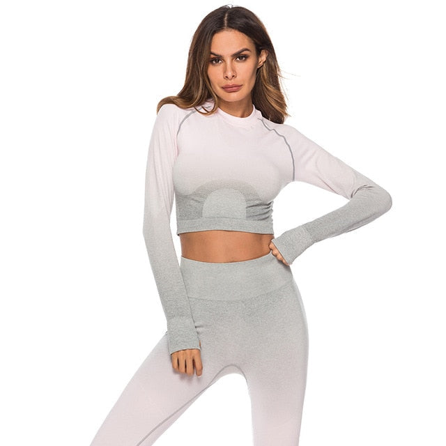Fashion Fitness Leggings Ombre Seamless Crop Tops For Women Two Piece Set Sportswear Sweatshirt Tracksuit Women Sets - Sheseelady