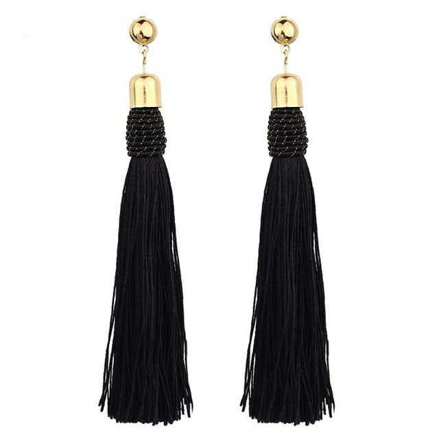 Handmade Tassel Earrings Trendy Black Red Yellow Green Long Dangles Ear Broncos Silk Fringed Jewellery For Women