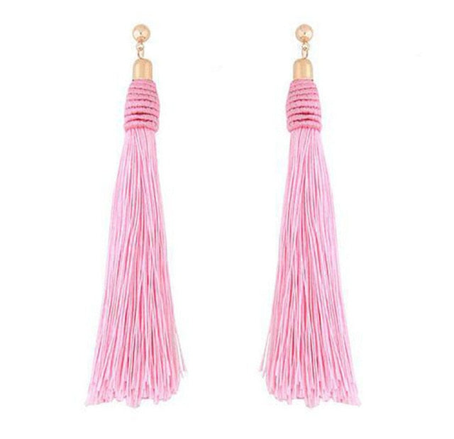 Handmade Tassel Earrings Trendy Black Red Yellow Green Long Dangles Ear Broncos Silk Fringed Jewellery For Women