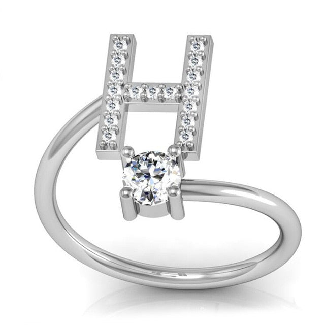 Fashion 26 Letters Silver Ring For Women Rhinestone Open Finger Rings Female Engagement Ring Jewelry Anel Party Gift - Sheseelady