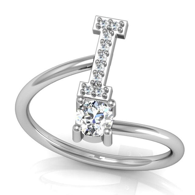 Fashion 26 Letters Silver Ring For Women Rhinestone Open Finger Rings Female Engagement Ring Jewelry Anel Party Gift - Sheseelady