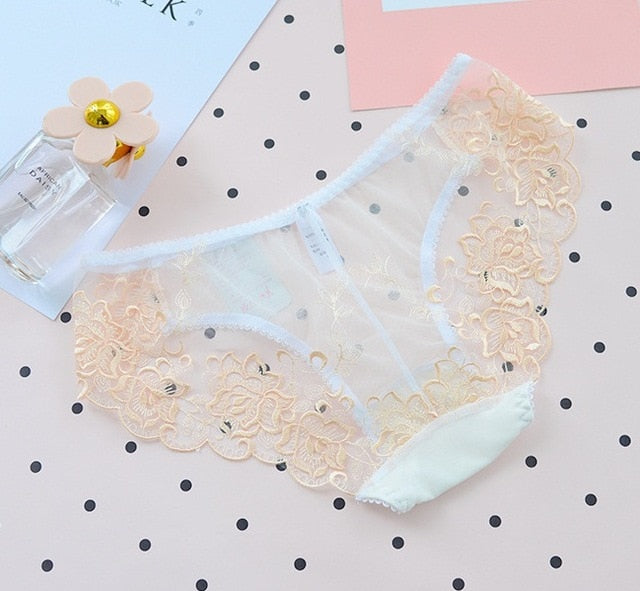 Sexy Seamless Sheer Low Waist Net Yarn Panties With Seductive Embroidery