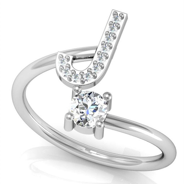 Fashion 26 Letters Silver Ring For Women Rhinestone Open Finger Rings Female Engagement Ring Jewelry Anel Party Gift - Sheseelady