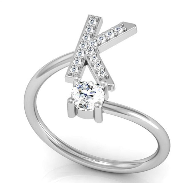Fashion 26 Letters Silver Ring For Women Rhinestone Open Finger Rings Female Engagement Ring Jewelry Anel Party Gift - Sheseelady