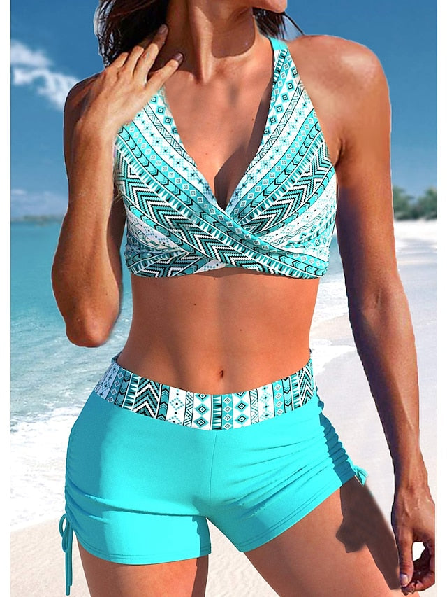 Women's Swimwear Bikini Normal Swimsuit 2 Piece Printing Geometic Lake Green Bathing Suits Sports Beach Wear Summer