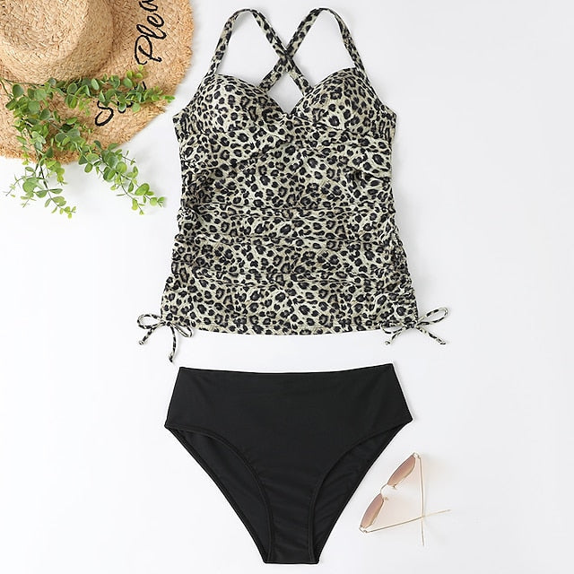 Women's Swimwear Tankini 2 Piece Normal Swimsuit 2 Piece Tummy Control Solid Color Leopard Print Black Army Green Navy Blue Blue Tank Top Bathing Suits Sports Summer