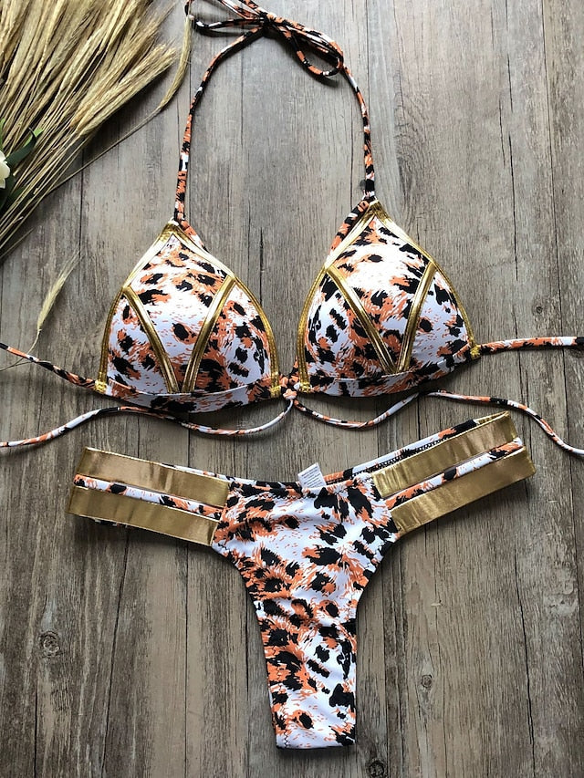 Women's Swimwear Bikini 2 Piece Normal Swimsuit Open Back Cut Out Color Block Leopard Leopard Print Green Black Blue Rosy Pink Camisole Strap Bathing Suits New Casual Vacation / Sexy / Modern