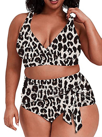 Women's Swimwear Bikini 2 Piece Plus Size Swimsuit Lace up Open Back Printing High Waisted for Big Busts Leopard Pure Color Leopard Black Blue Orange Padded V Wire Bathing Suits New Vacation Sexy