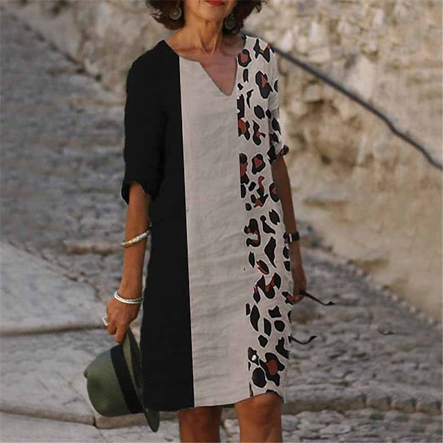 Women‘s Casual Dress Ethnic Dress Shift Dress Midi Dress Leopard Black White Half Sleeve Floral Print Summer Spring V Neck Basic Daily Vacation Weekend Print Dresses