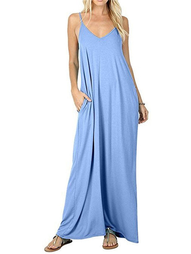 Women's Pajamas Nightgown Dress Nighty Pure Color Comfort Home Cotton Blend Straps Sleeveless Backless Pocket Spring Summer Green Blue