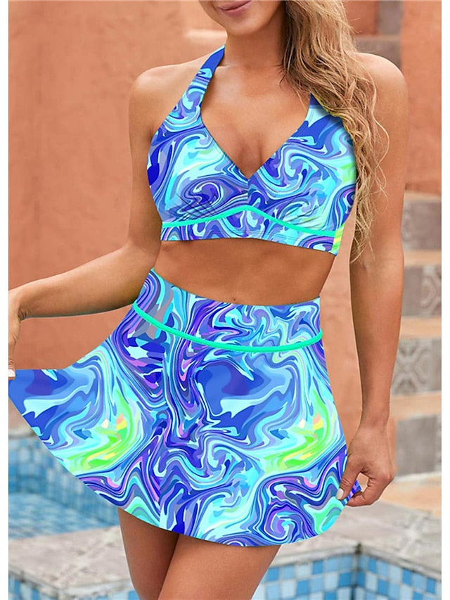 Women's Swimwear Bikini 2 Piece Plus Size Swimsuit Open Back Printing High Waisted Floral Print Light Blue Black Blue Purple Green Halter V Wire Bathing Suits New Vacation Fashion