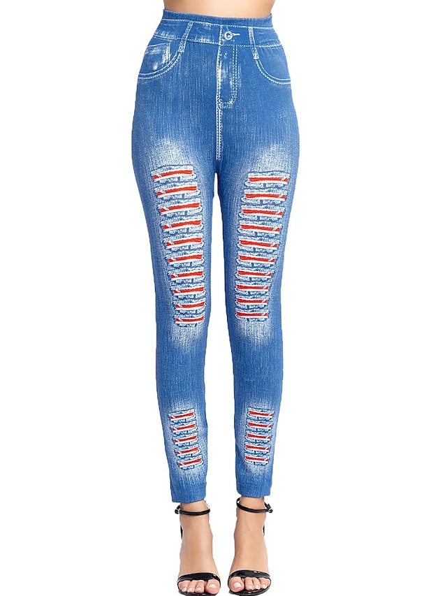 Women's Casual Print Elasticity Stripe Denim Pants
