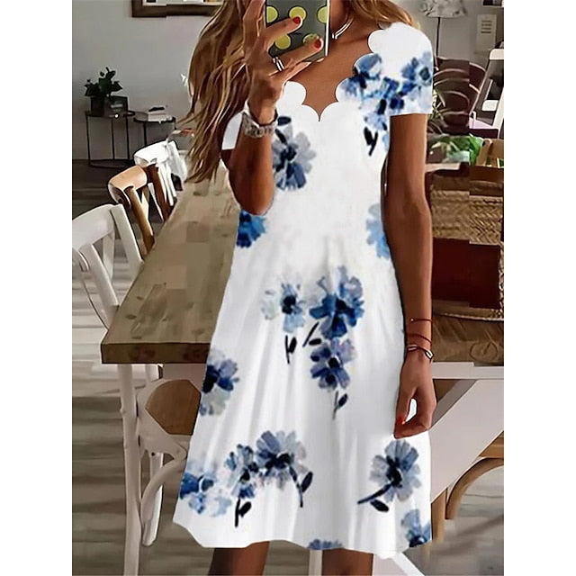 Women's Casual Dress Shift Dress Floral Dress Mini Dress Black And White Black White Short Sleeve Floral Print Summer Spring Scalloped Neck Fashion Vacation Print Dresses