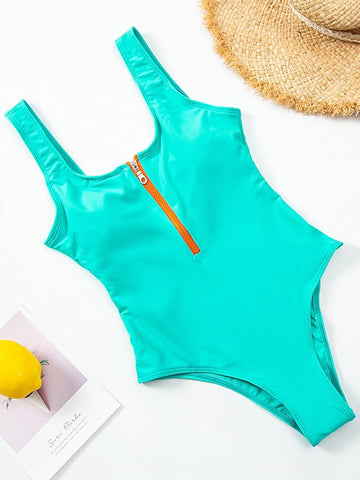 Women's Swimwear One Piece Monokini Bathing Suits Normal Swimsuit Tummy Control Open Back Zipper High Waisted Pure Color Light Blue Green White Black Yellow Scoop Neck Bathing Suits New Vacation