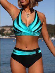 Women's Swimwear Bikini 2 Piece Normal Swimsuit Halter 2 Piece Sexy High Waisted Striped Light Blue Padded V Wire Bathing Suits Sports Vacation Beach Wear