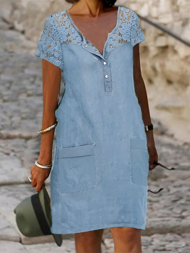 Women's Midi Denim Dress with Lace Pockets - Casual Crew Neck for Summer