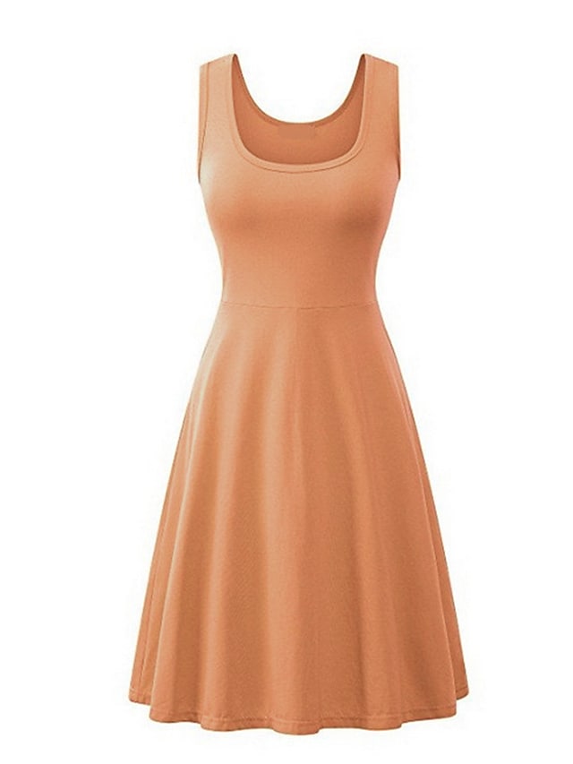 Fashion Sleeveless Pure Color Square Neck Weekend Casual Swing Dress For Womens