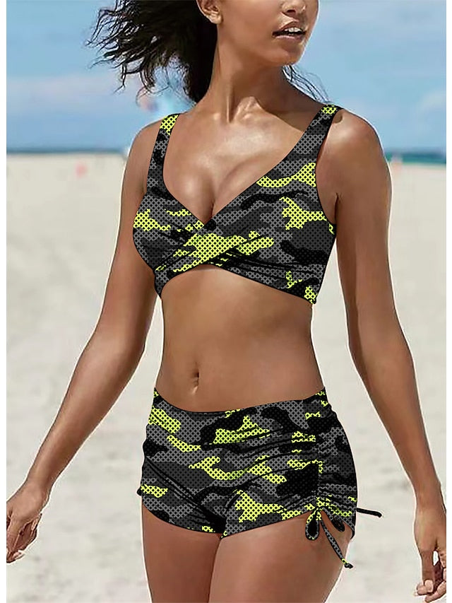 Women's Swimwear Bikini Normal Swimsuit 2 Piece Printing Camouflage Light Green Blue Orange Green Rose Red Bathing Suits Sports Beach Wear Summer