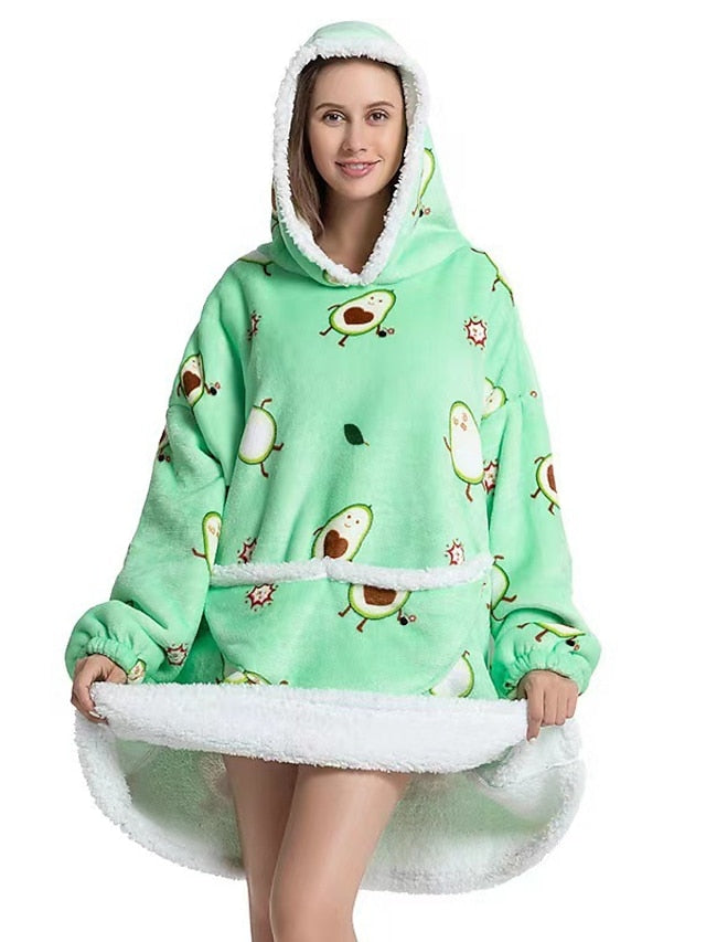 Women‘s Couple‘s Pajamas Nightgown Wearable Blanket Winter Hoodie Blanket Animal Fruit Comfort Oversized Plush Long Sleeve Pocket Hoodie Fall Green Black