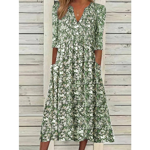 Women‘s Casual Dress Midi Dress Green Half Sleeve Floral Ruched Summer Spring Fall V Neck Casual Weekend Print Dresses